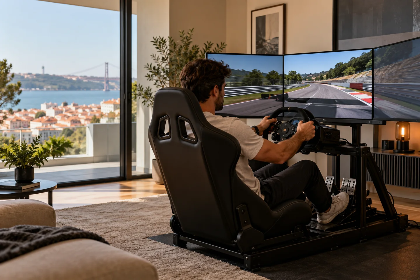 Pessoa a utilizar um volante com vários ecrãs